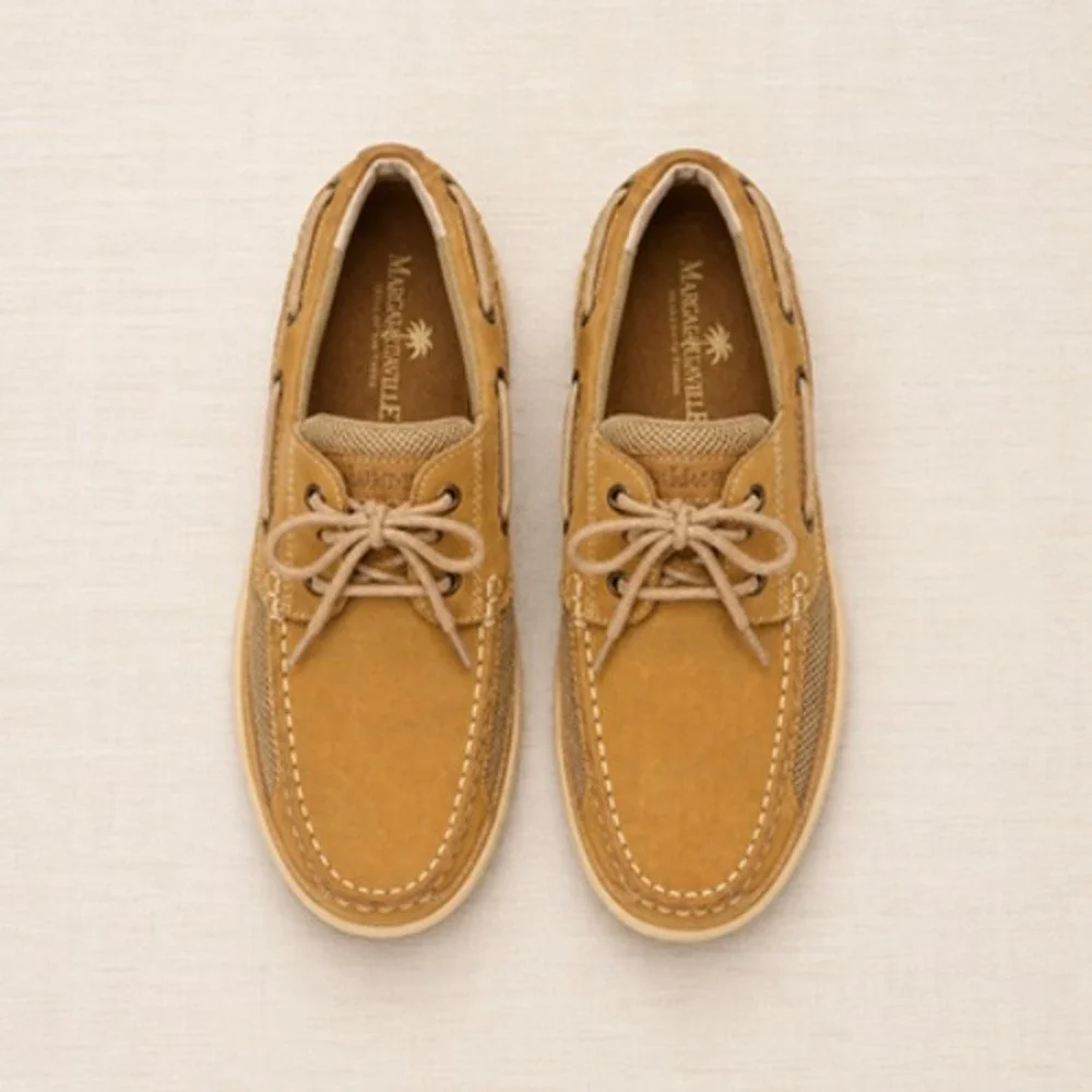 Margaritaville Mens 8.5 Brown Leather Mesh Anchor Lace Up Boat Shoes NWOB